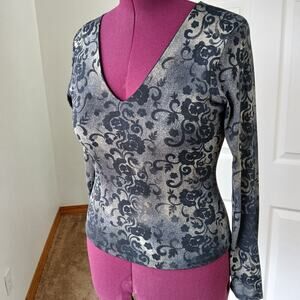 INC Petite Floral Nylon Blouse M neutral minimalist long sleeves mesh lined